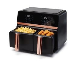 Cheqo® Dubbele Airfryer XXL - Heteluchtfriteuse Rosegoud - Dual Zone met Twee Kookvakken - Dubbele Mand - Hetelucht Friteuse met Touchscreen - Digitale Airfryer voor Gezin - Frituurpan zonder Olie - Snackpan Rose Gold met Grillplaat
