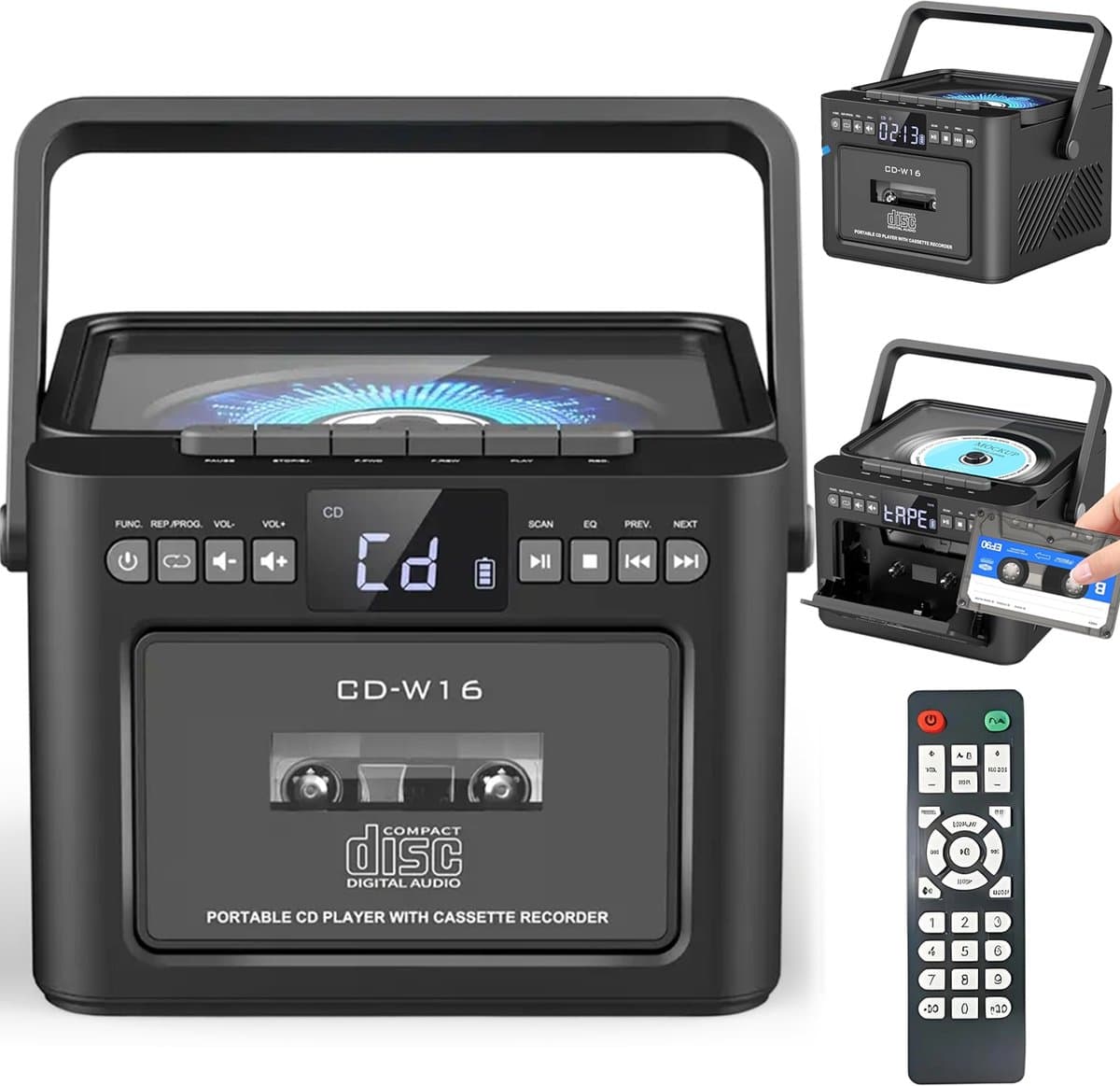 CD- en Cassettespeler met Bluetooth - Draagbare CD Radio - Bluetooth 5.1 - FM Radio - USB, SD & AUX - Oplaadbare 5000mAh Accu - Cassette Afspelen & Opnemen - Afstandsbediening - Zwart — afbeelding 1