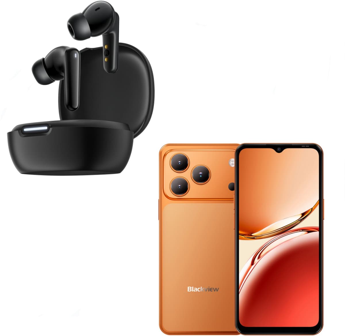 Blackview WAVE 7C Smartphone - 4G Telefoon Android 16 - 16GB+64GB - Oranje + Blackview AirBuds 17 - Draadloze Koptelefoon Bluetooth 6.0 - Zwart — afbeelding 1