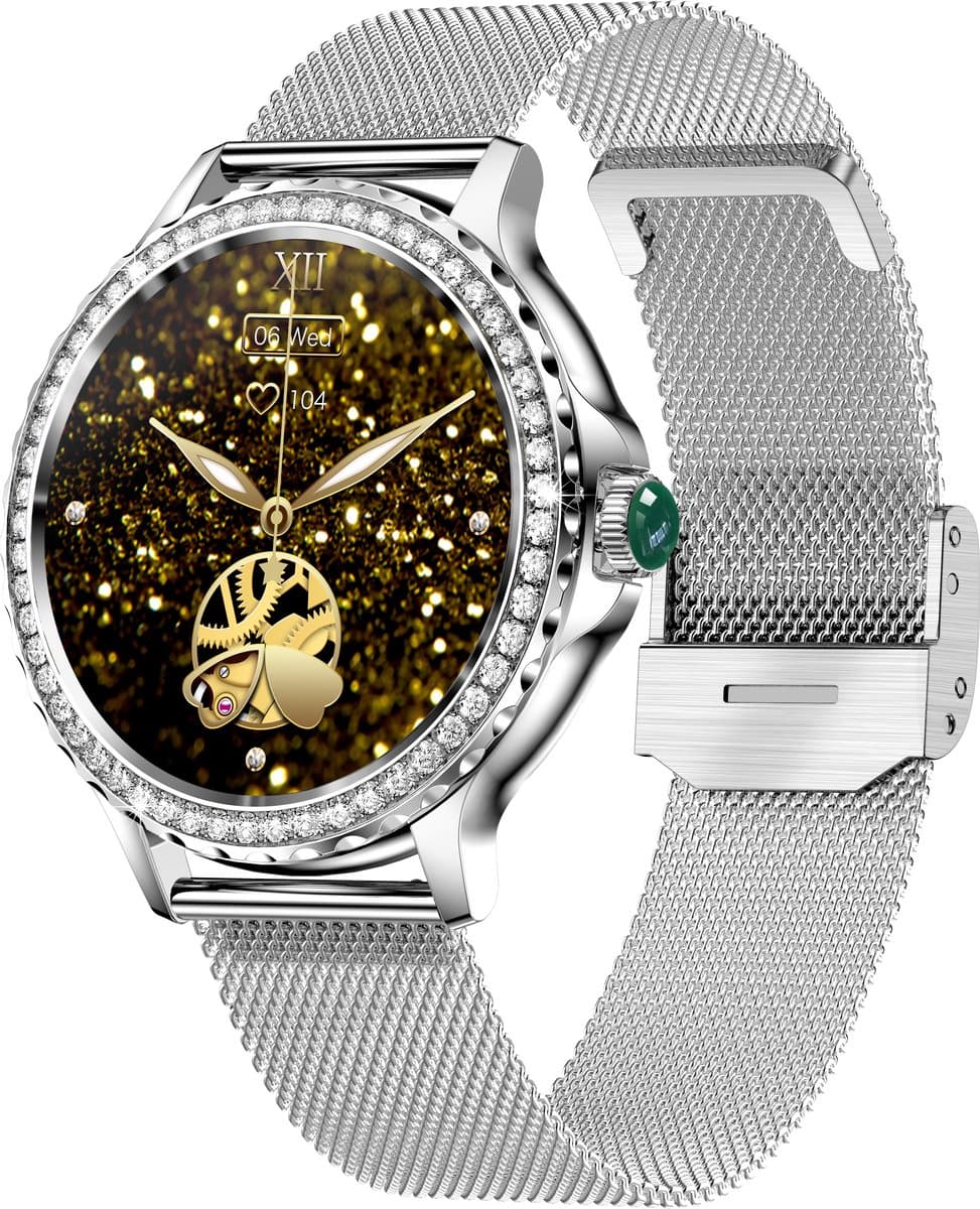 Knobbout Luxe Smartwatch voor Dames – Met Sprankelende Kristallen-1.3" IPS HD Touchscreen – Bluetooth 5.2 Bellen – Hartslag & Bloeddrukmeting – IP68 Waterdicht – Zilverkleurige Roestvrijsta — afbeelding 1