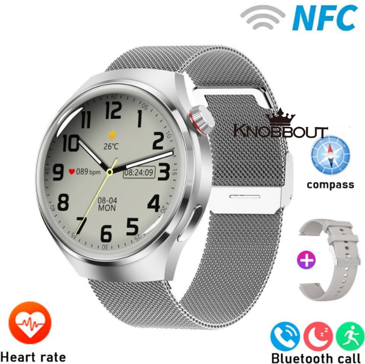 Knobbout 1.6 inch(3.7cm) Stijlvolle HD Kleurenweergave Scherm smartwatch - Ingebouwd Kompas - Hoogtemeter en Barometer - Krachtige NFC-functie - Bluetooth Handsfree Bellen - Dynamische Interactieve Weergave - Zilver staal en siliconen horlogeband — afbeelding 1
