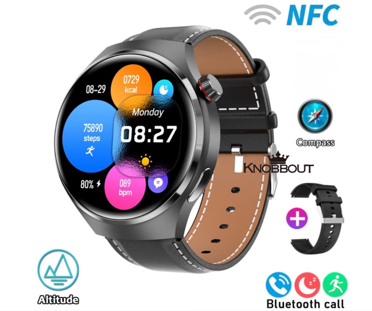 Knobbout 1.6 inch (3.7cm) Stijlvolle HD Kleurenweergave Scherm smartwatch - Ingebouwd Kompas - Hoogtemeter en Barometer - Krachtige NFC-functie - Bluetooth Handsfree Bellen - Dynamische Interactieve Weergave - Zwarte leren en siliconen horlogeband — afbeelding 1