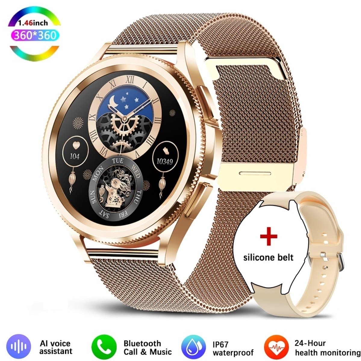 Knobbout Slimme Bluetooth Smartwatch 1.46" – Full HD Kleuren Display – Hartslag & Bloeddruk & Bloedzuurstof – Bluetooth Bellen, Muziek, AI Spraakbesturing – Vrouwen Gezondheid, Waterdicht – iOS & Android - Roségouden staal+silicone horlogebandjes — afbeelding 1