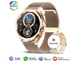 Knobbout Slimme Bluetooth Smartwatch 1.46" – Full HD Kleuren Display – Hartslag & Bloeddruk & Bloedzuurstof – Bluetooth Bellen, Muziek, AI Spraakbesturing – Vrouwen Gezondheid, Waterdicht – iOS & Android - Roségouden staal+silicone horlogebandjes