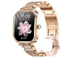 Knobbout 1,75" Scherm HD gebogen scherm smartwatch met ingelegde diamant - Slank, stijlvol en elegant design - Vrouwelijke gezondheidstracking - Bluetooth-belfunctie - Roségouden talen band met kristallen + extra siliconen band