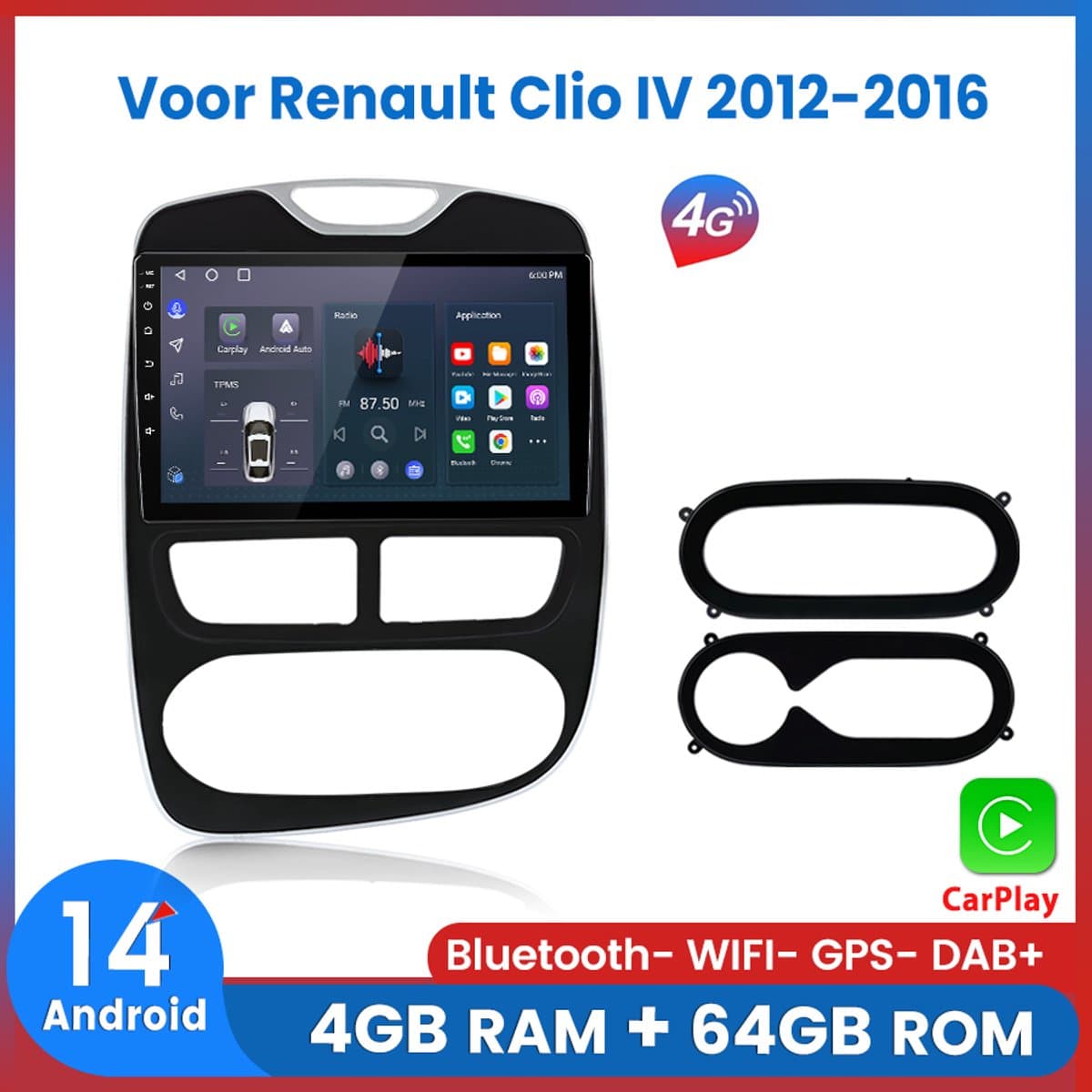 Awesafe 8-Core 4+64GB Autoradio Geschikt voor Renault Clio 4 2012-2016 - Draadloze Carplay Android Auto - Touchscreen - GPS Navigatie 4G WiFi Mirror Link FM RDS 32EQ DSP SWC - Bluetooth Radio - 2012 2013 2014 2015 2016 — afbeelding 1