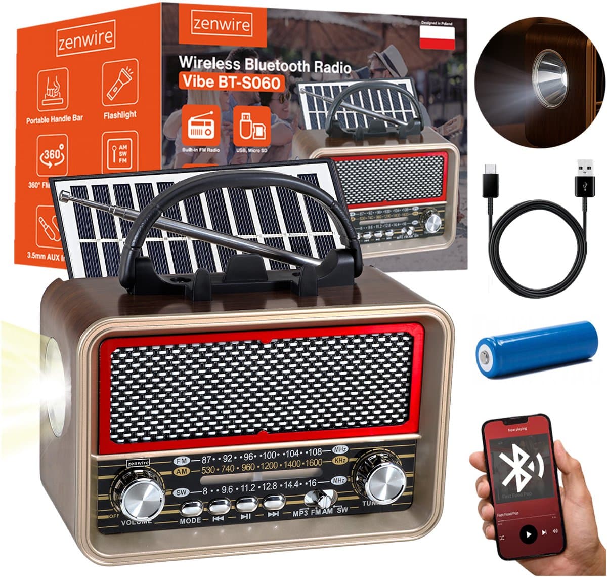 Zenwire BT-S060 Draagbare Radio - FM/AM/SW - Bluetooth - Zonnepaneel — afbeelding 1