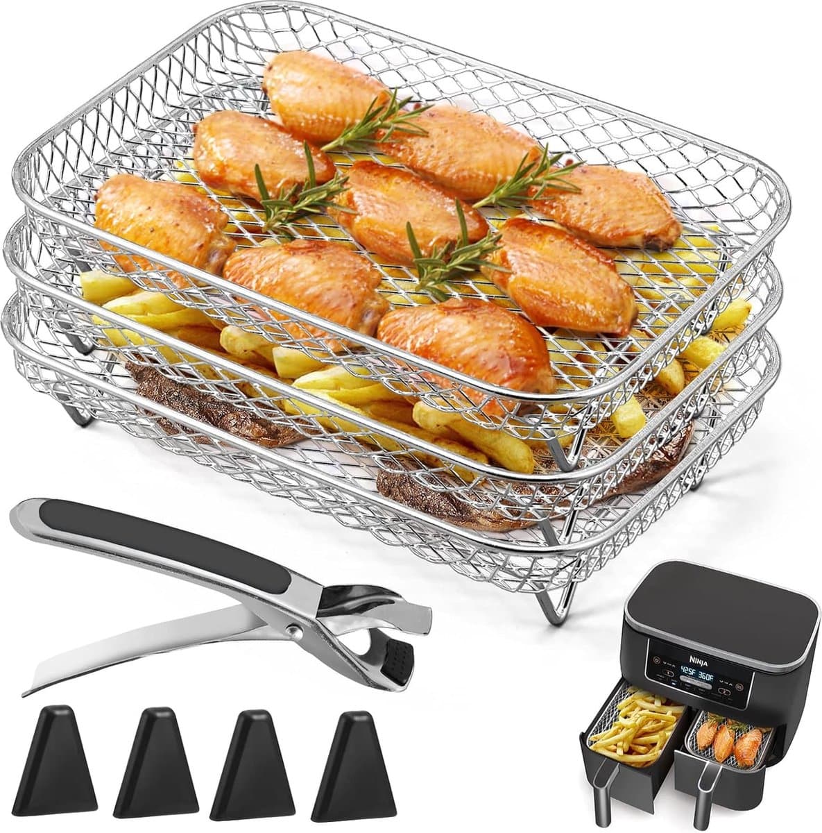3 stuks gelaagde dehydrator rekken - Airfryer Rek - met clip en verhoogde voetjes - Dehydratorrek voor airfryer ove - Vierkante RVS Heteluchtfriteuse Accessoires - voor dubbele mand Airfryers — afbeelding 1