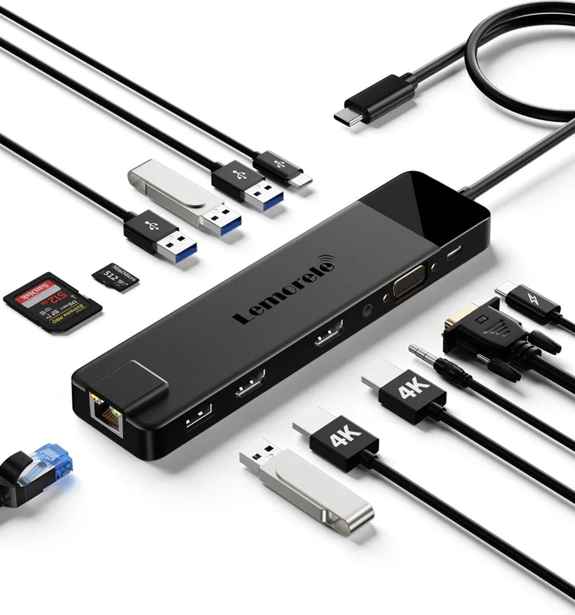 Lemorele™ TC100 USB-C Docking Station - 13-in-1 Hub - Dual HDMI 4K - VGA - Gigabit Ethernet - SD-kaartlezer - USB 3.0 — afbeelding 1