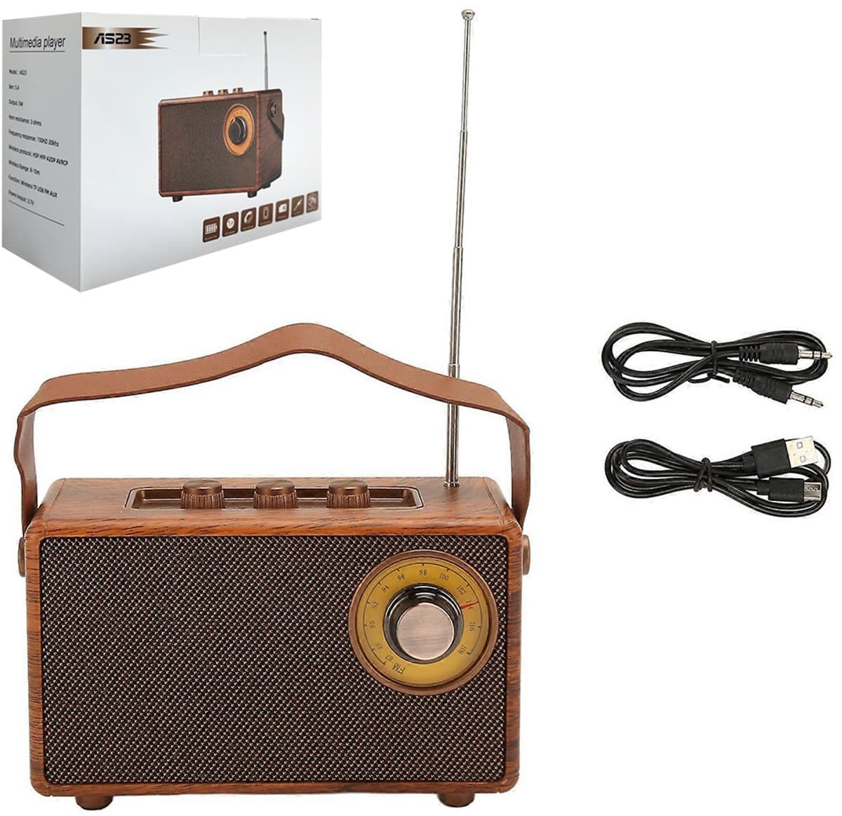 Draagbare radio - Retro radio - Draadloze Bluetooth-luidspreker - 360° stereo - Bluetooth 5.4 - 6,5*16*9 cm - Radio op batterijen - USB-aansluiting - Radio-afstemknop - Bruin - WALALLA AS23 — afbeelding 1