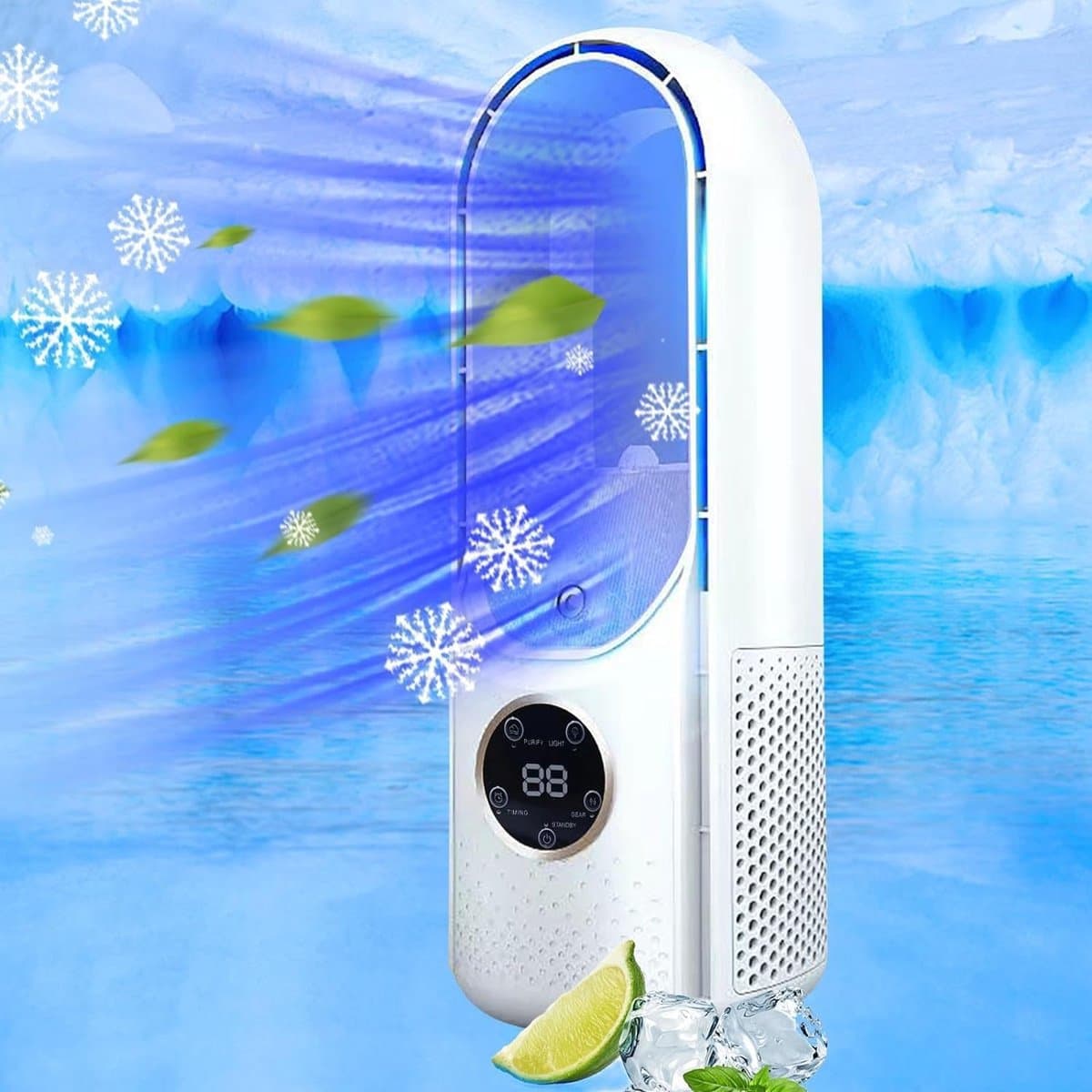 Luchtkoeler Ventilator - Airco zonder afvoerslang - Mobiele Air Cooler - Bladloze Ventilator - Torenventilator met Bevochtiging - Koelventilator voor Slaapkamer en Kantoor - 6 Standen - LED Nachtlamp - Wit — afbeelding 1