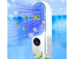 Luchtkoeler Ventilator - Airco zonder afvoerslang - Mobiele Air Cooler - Bladloze Ventilator - Torenventilator met Bevochtiging - Koelventilator voor Slaapkamer en Kantoor - 6 Standen - LED Nachtlamp - Wit