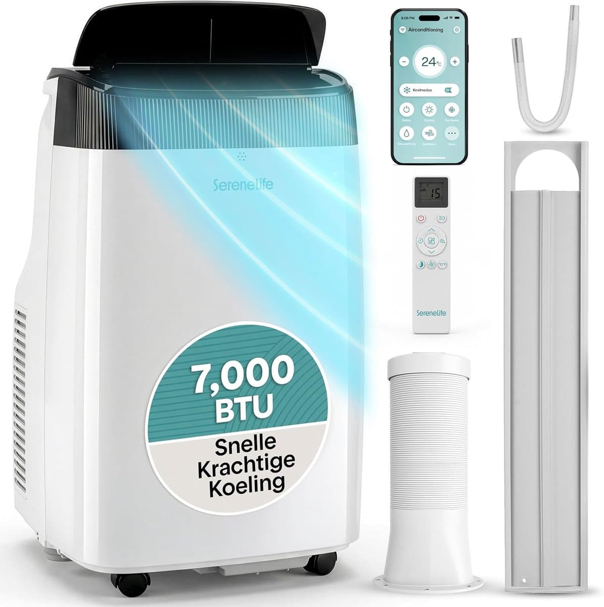 Mobiele airco 7000 BTU – Met WiFi en app – Ontvochtiger – Ventilator – Met raamkit — afbeelding 1