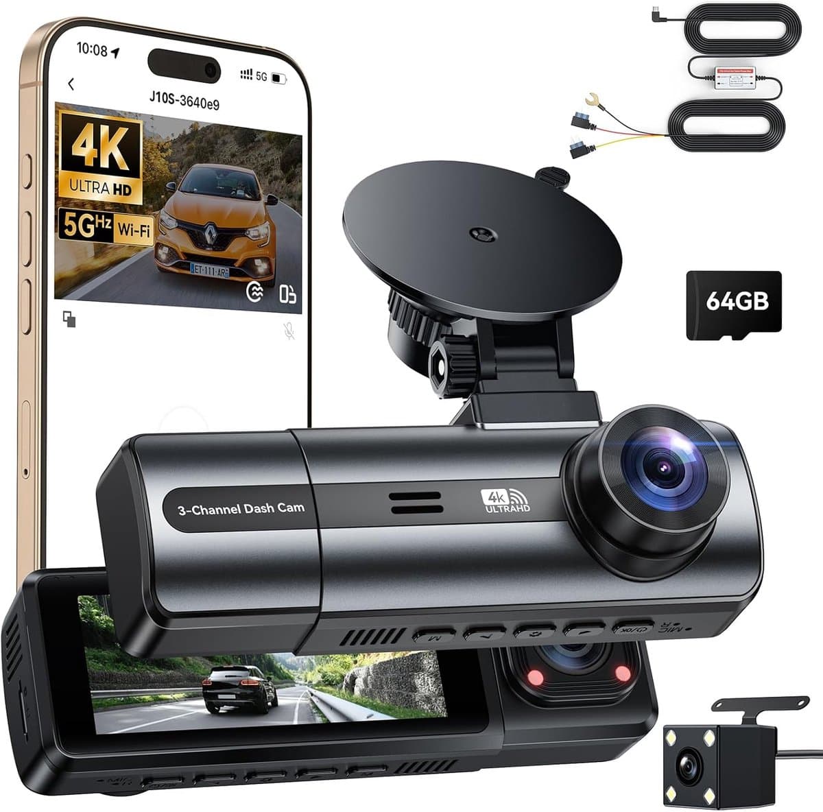 4K dashcam voor en achter, 3-kanaals dashcam met hardwire-kit, 24-uurs parkeerbewaking, 64 GB SD-kaart, Wifi, App, Nachtzicht — afbeelding 1
