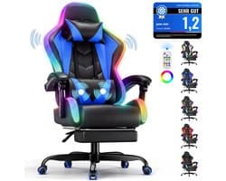 Devoko Game Stoel met ledverlichting-Ergonomische Gamestoel-Gaming chair met voetensteun-Bureaustoel met hoofdsteun en taille massage-Zwart blauw