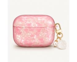 Enluxe Case geschikt voor Airpods 4 - Roze Parelmoer Shell - Glanzend Hoesje met Parelhanger, Schokbestendig Hoesje