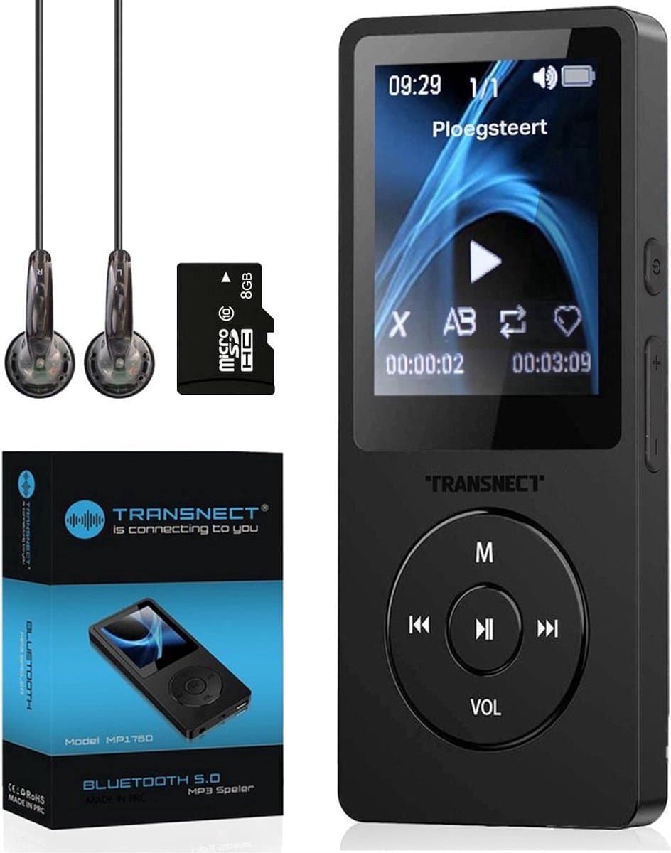 TRANSNECT® - MP3 Speler/MP4 - Bluetooth - met 8GB Geheugenkaart- Ondersteuning tot 128 GB - HiFi Oordopjes - Zwart — afbeelding 1