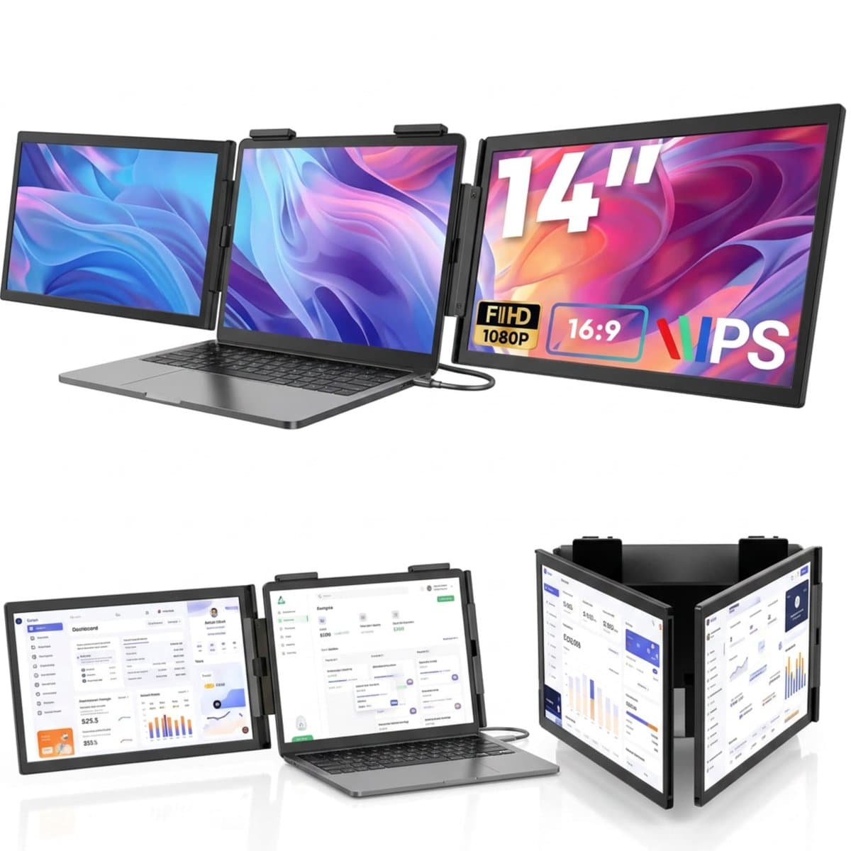 UFTA Dubbele Laptopmonitor 14 Inch - FHD IPS USB-C Triple Scherm - Plug & Play Windows Mac Xbox - 270° Rotatie Draagbaar - Zwart — afbeelding 1