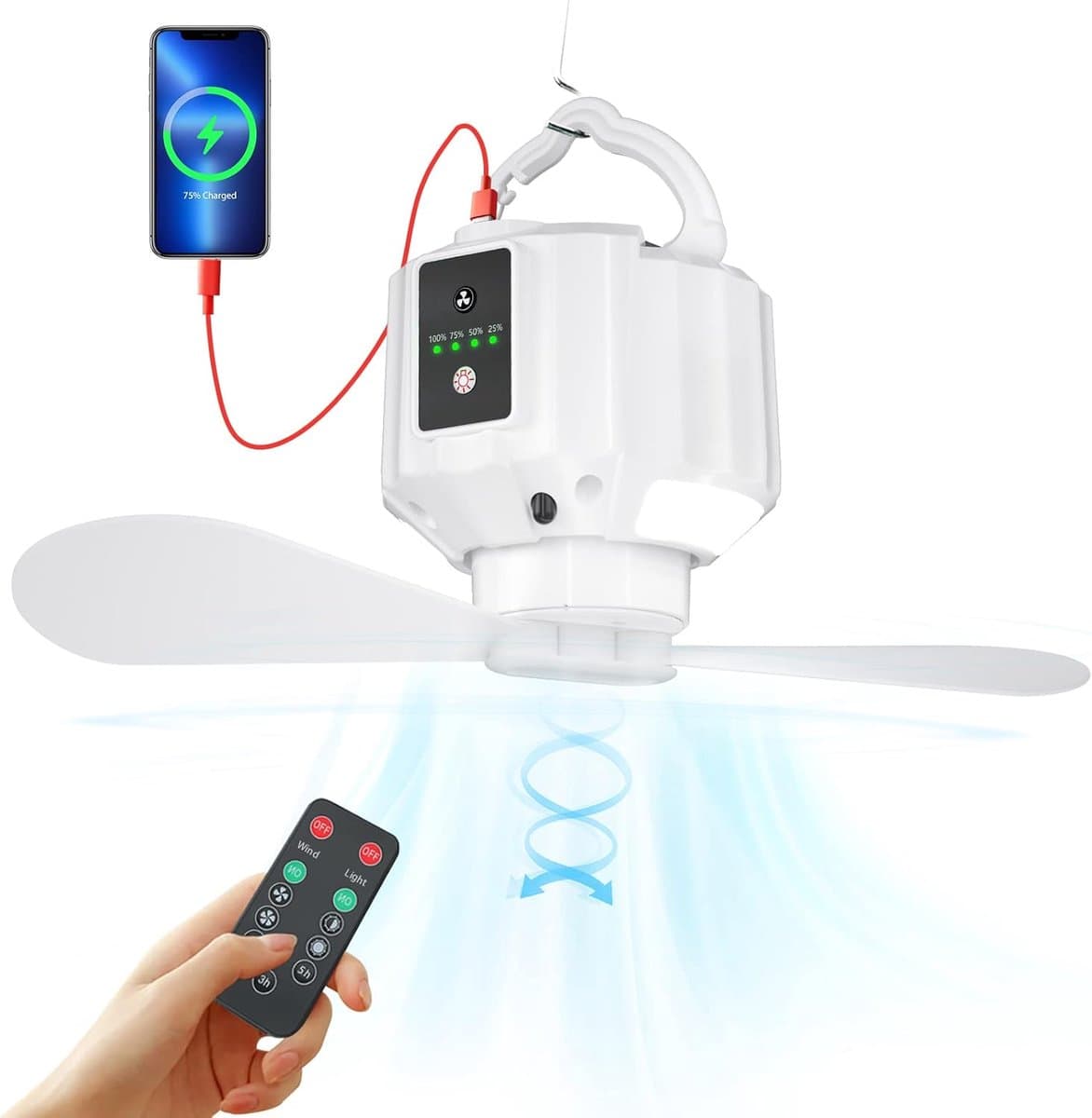 Campingventilator – Oplaadbare USB Ventilator 5200 mAh – Met LED Licht en Ophanghaak – 3 Snelheden – Draagbare Tentventilator voor Camping, Auto, Kantoor en Thuis — afbeelding 1