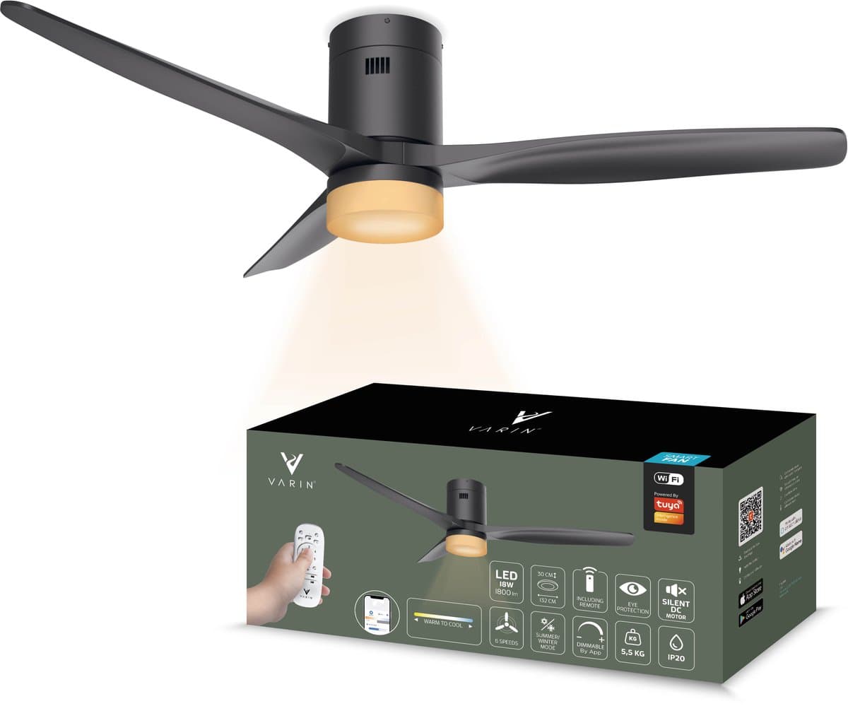 Varin® Smart Plafondventilator met verlichting - Ø 132cm - Zwart - LED CCT 18W - Super stil 20dB - 6 snelheden - Woonkamer - Slaapkamer - Tuya WiFi - App & Afstandsbediening — afbeelding 1