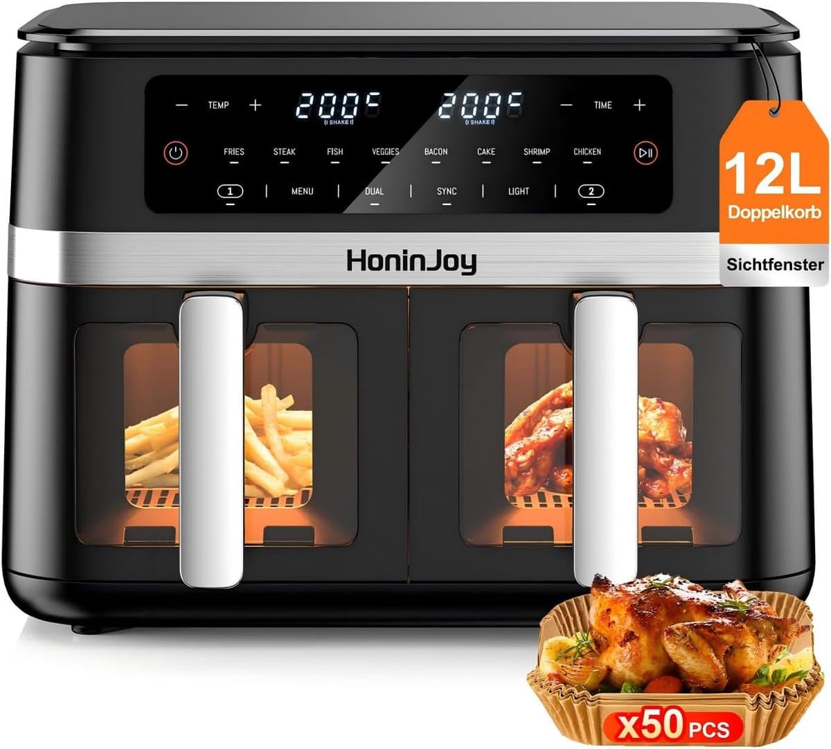 SnelShoppen - Airfryer Dubbele Mand 12L met Beeldvenster, 50 Papieren Liner, 12-in-1 Dubbelzone Airfryer met Digitaal Touchscreen, Sync-Cook Functie v — afbeelding 1