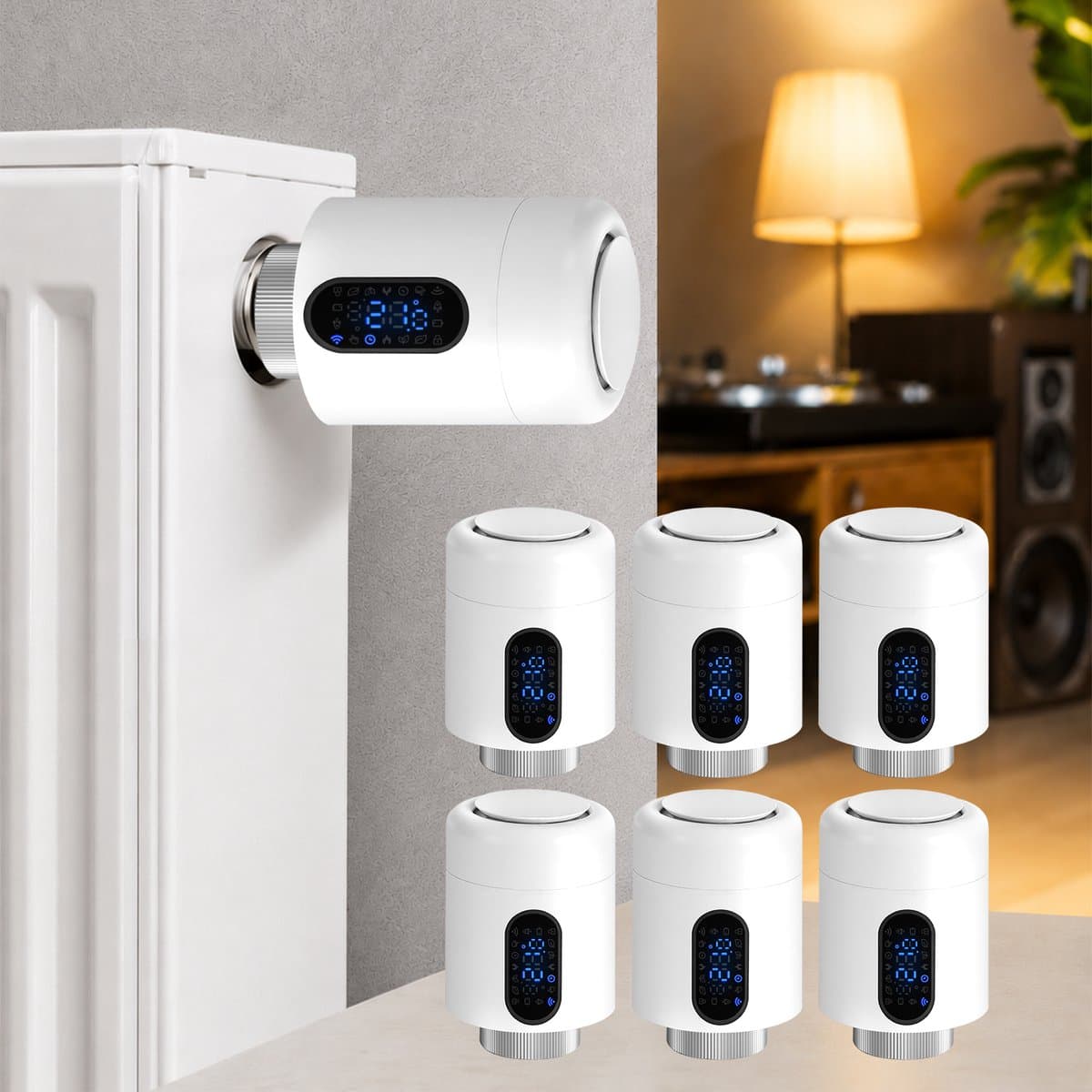 WiFi Radiatorthermostaat met App-bediening en 7 Ventieladapters – Wit – 6-pack — afbeelding 1