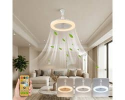 MUPOO Plafond ventilator met LED verlichting E27 - 360° Draaibaar - Dimbaar & Afstandsbediening - Plug & Play -3 Kleurtemperatuur & Snelheden - Ø 25cm - Mini Ventilator voor Slaapkamer & Toilet - Wit