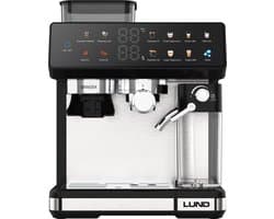 LUND 68501 Premium Pistonmachine met Ingebouwde Bonenmaler – Espressomachine met Automatische Melkopschuimer – 20 Bar – 11 Programma's – Kleuren Touchscreen – RVS