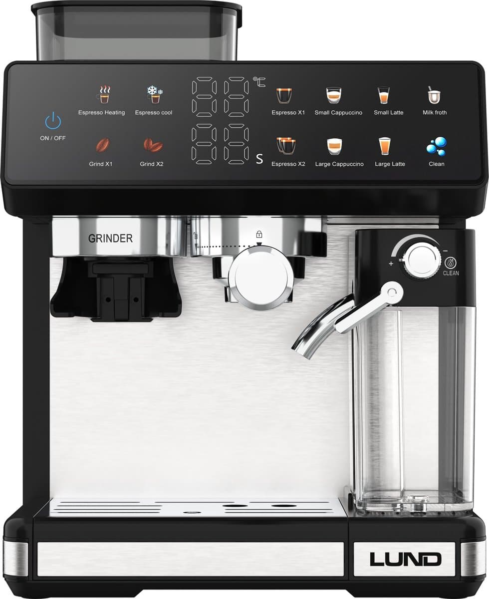 LUND 68501 Premium Pistonmachine met Ingebouwde Bonenmaler – Espressomachine met Automatische Melkopschuimer – 20 Bar – 11 Programma's – Kleuren Touchscreen – RVS — afbeelding 1
