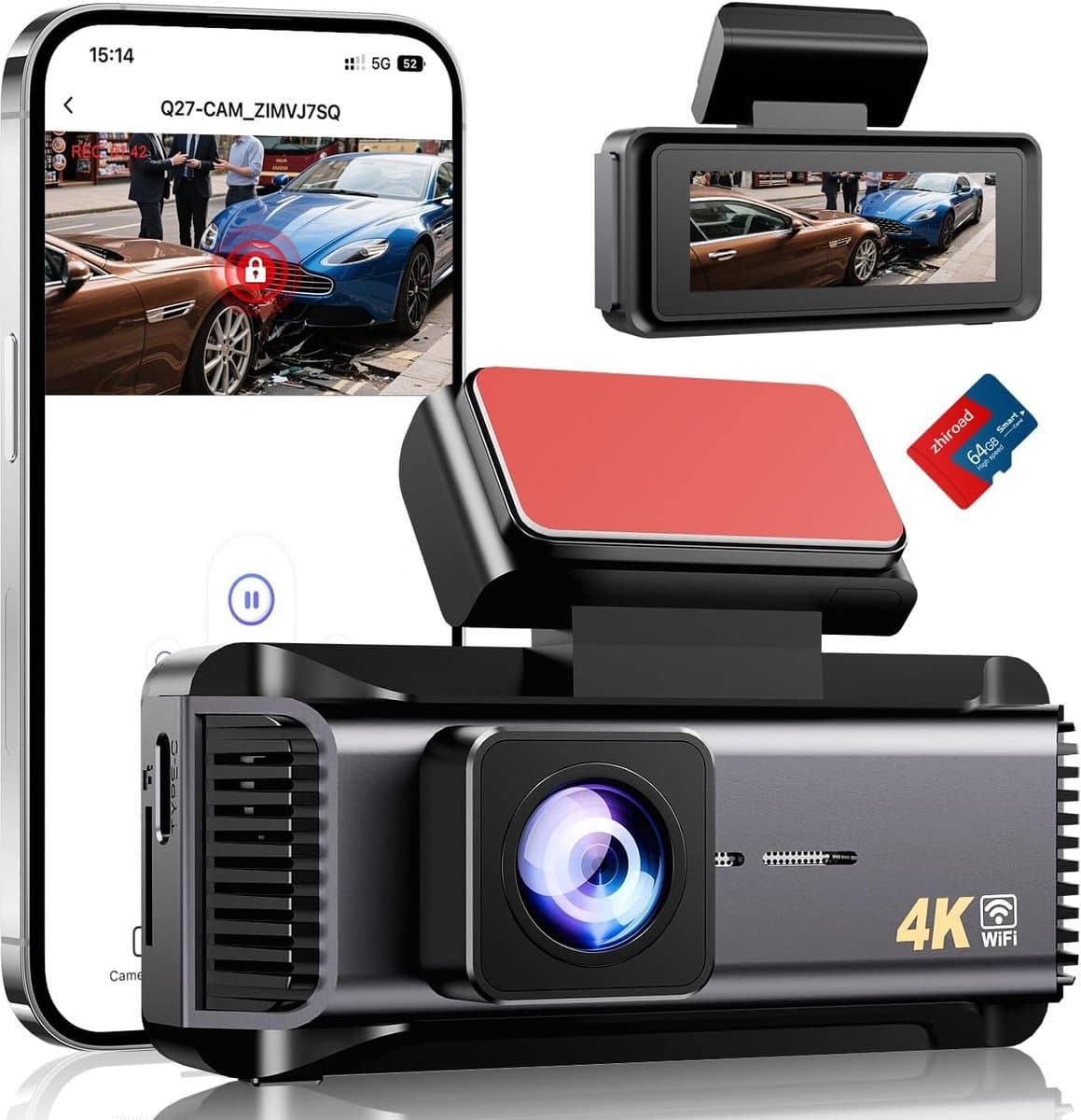 4K Dashcam - Auto Camera - Veilig Rijden - 170° Groothoeklens - 64GB SD Kaart - Zwart — afbeelding 1