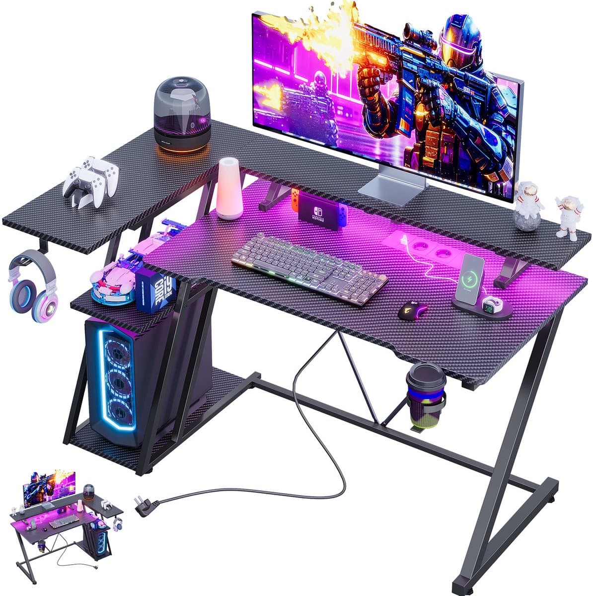 Gaming Bureau met LED Verlichting - 100L x 88H x 65B cm - L-Vormig Hoekbureau met Stopcontact - Met USB en Type-C-poort - Met Bekerhouder & IJzeren Haak - Gaming Desk - Computer Tafel - Gaming Tafel met Monitorstandaard - 3 Laags Opbergrekken - Zwart — afbeelding 1
