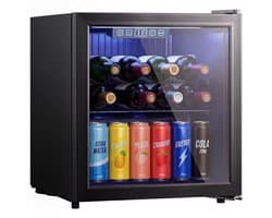 HOMCOM Drankkoelkast - Minibar - Mini Koelkast-50L-Koelruimte voor 48 blikjes met dubbelwandige deur-Verstelbare plank-ledverlichting-zwart