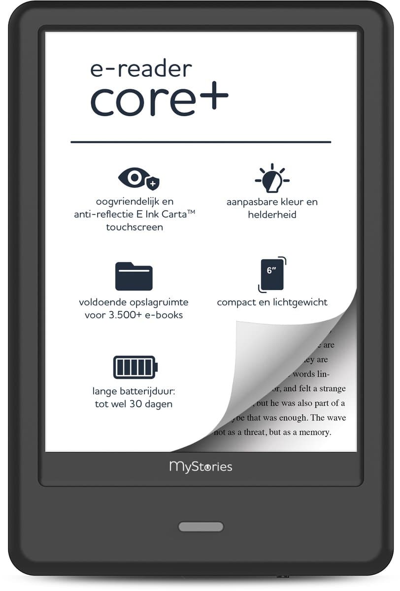 MyStories E-reader Core+ - 6 inch touchscreen E Ink - Tot 36GB opslag voor 3.500 ebooks - Schermverlichting - E-book reader - Zwart - Niet compatibel met Kobo Plus abonnement — afbeelding 1
