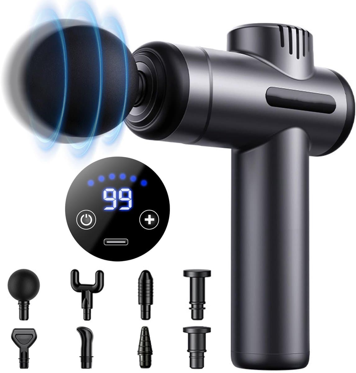 Massage Gun – 99 Snelheden – 8 Opzetstukken – Stil & Draadloos – LCD Touchscreen – Tot 4800 RPM — afbeelding 1