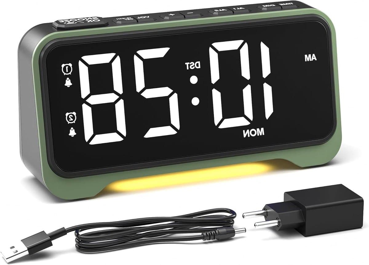 Digitale Wekker - LED Klok - Wakker Worden - Dubbel Alarm - 7 Inch Display - Groen — afbeelding 1