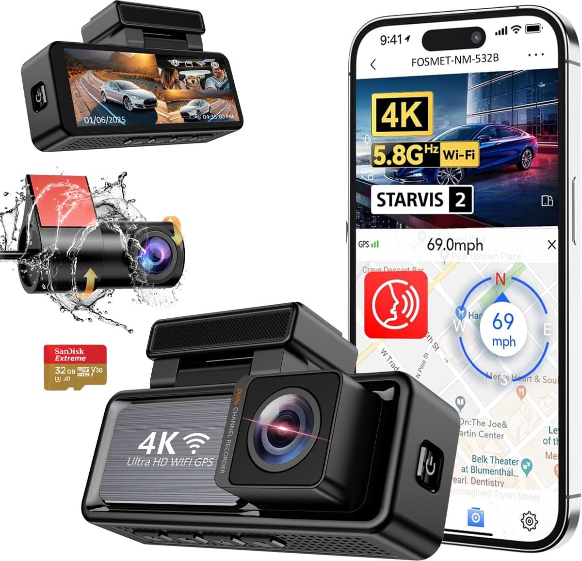 FOSMET Dashcam Voor Auto - 2 Kanaals - 3.2 Inch IPS-Scherm - Voor & Achter Camera - 170° Groothoek - WiFi & GPS - Nachtzicht – Parkeerbewaking - G-Sensor - Incl. 32GB SD-Kaart - Ondersteunt 256GB — afbeelding 1