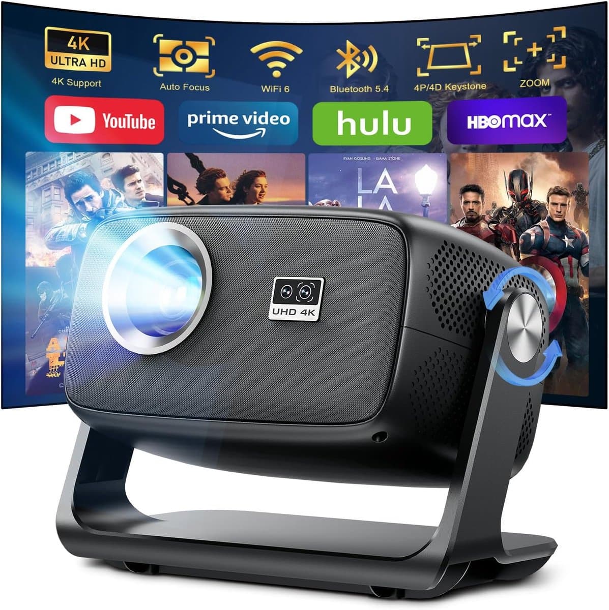 Beamer Full HD met 4K Ondersteuning – Android 14 – WiFi 6 en Bluetooth 5.4 – Autofocus – 180° Draaibaar — afbeelding 1