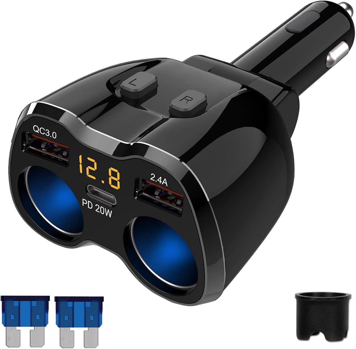 SnelShoppen - 150W Auto Lader met 2 Sigarettenaanstekers en 3 USB Poorten - PD 3.0 Type-C Snellader voor GPS, Dashcam, Navigatie en Meer — afbeelding 1