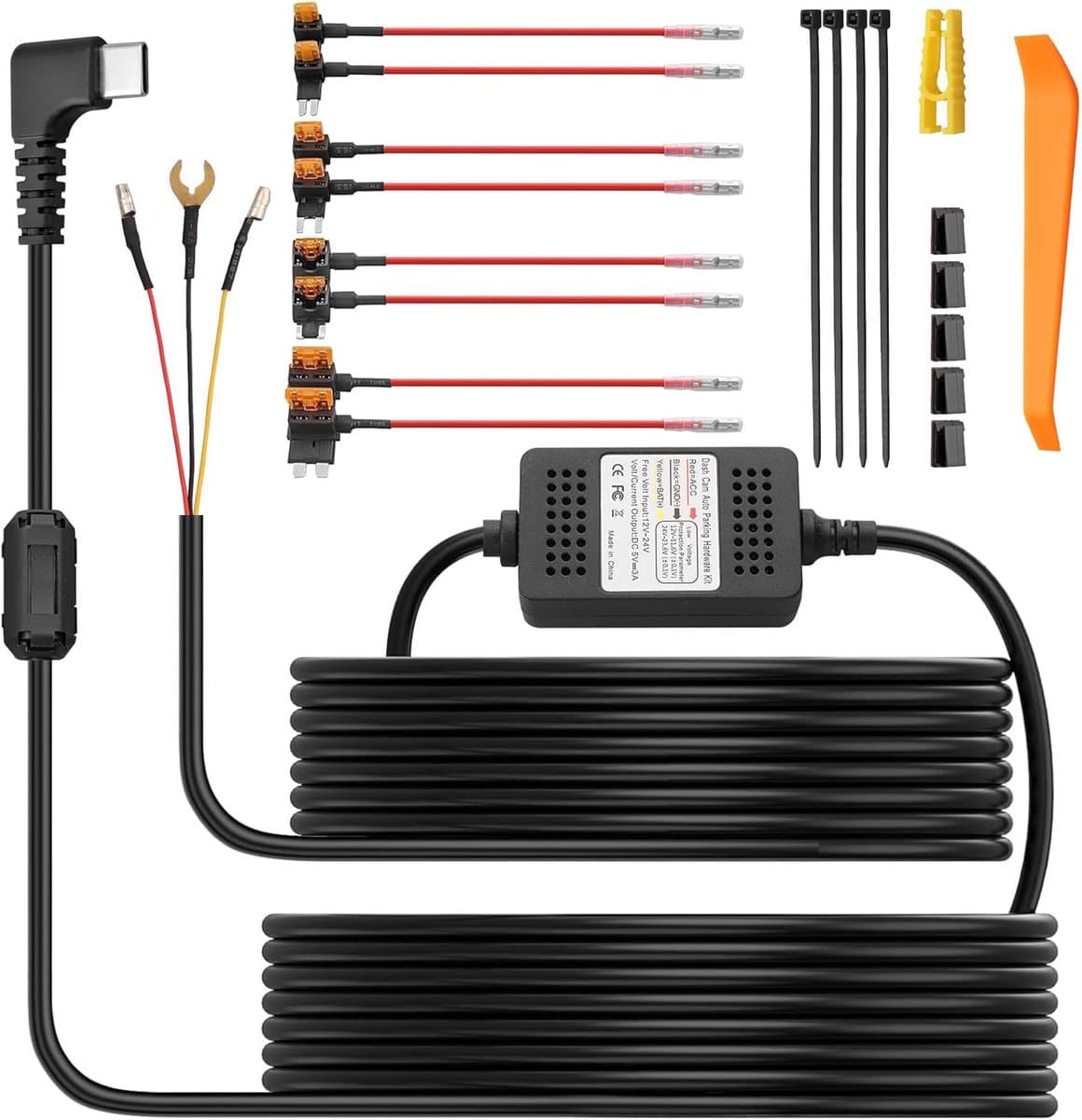 SnelShoppen - eSynic Hardwire Kit USB Type-C 3.5m voor Dash Cam, Auto, SUV, ACC Mode, Laagspanning Bescherming, 3-Draads Step-Down Converter 12-24V na — afbeelding 1