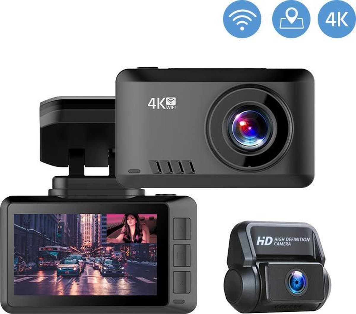 TechU™ 4K Dashcam set MO2 Pro - Dashboardcamera - Wifi - GPS - Voor en Achter - Super Night Vision - Dual Recording - Autocamera - Loop recording - Bewegingssensor - G-sensor - voor auto — afbeelding 1