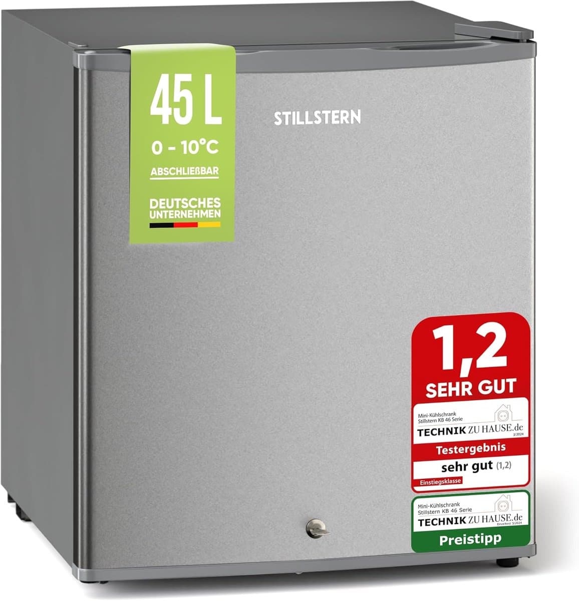 Stillstern Mini Koelkast 45L – Minibar met Vriesvak – Stille Koelkast met Slot en Automatische Ontdooiing – Tafelmodel – Zilver — afbeelding 1