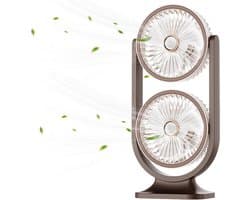 Tafelventilator - Tafelventilator Draadloos - Tafelventilator Oplaadbaar - Bureauventilator - Met 5 Snelheidsstanden - Dubbele Ventilator - Verkoelende En Stille Bureauventilator - Voor Kantoor, Thuis - Bruin