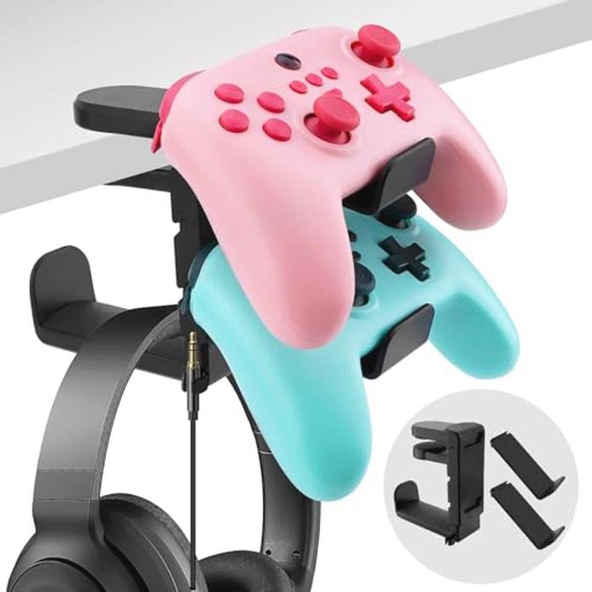 3-in-1 Gaming Hoofdtelefoon en Controller Houder voor Bureau met Verstelbare Klem en Draaibare Arm — afbeelding 1