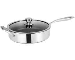 Cheffinger, Hoge Koekenpan 28cm Honingraat Coating met Lange Handgreep en Deksel, Zilver
