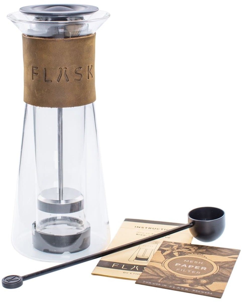 Planetary Design - FLASK Coffee Press - Clear double walled glass with Leather - French Press - Uniek en Luxe met echt leer — afbeelding 1
