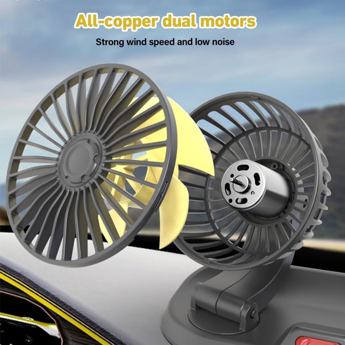 Krachtige 12V Dubbele Kop Autoventilator met 360° Rotatie voor Koele Lucht — afbeelding 1