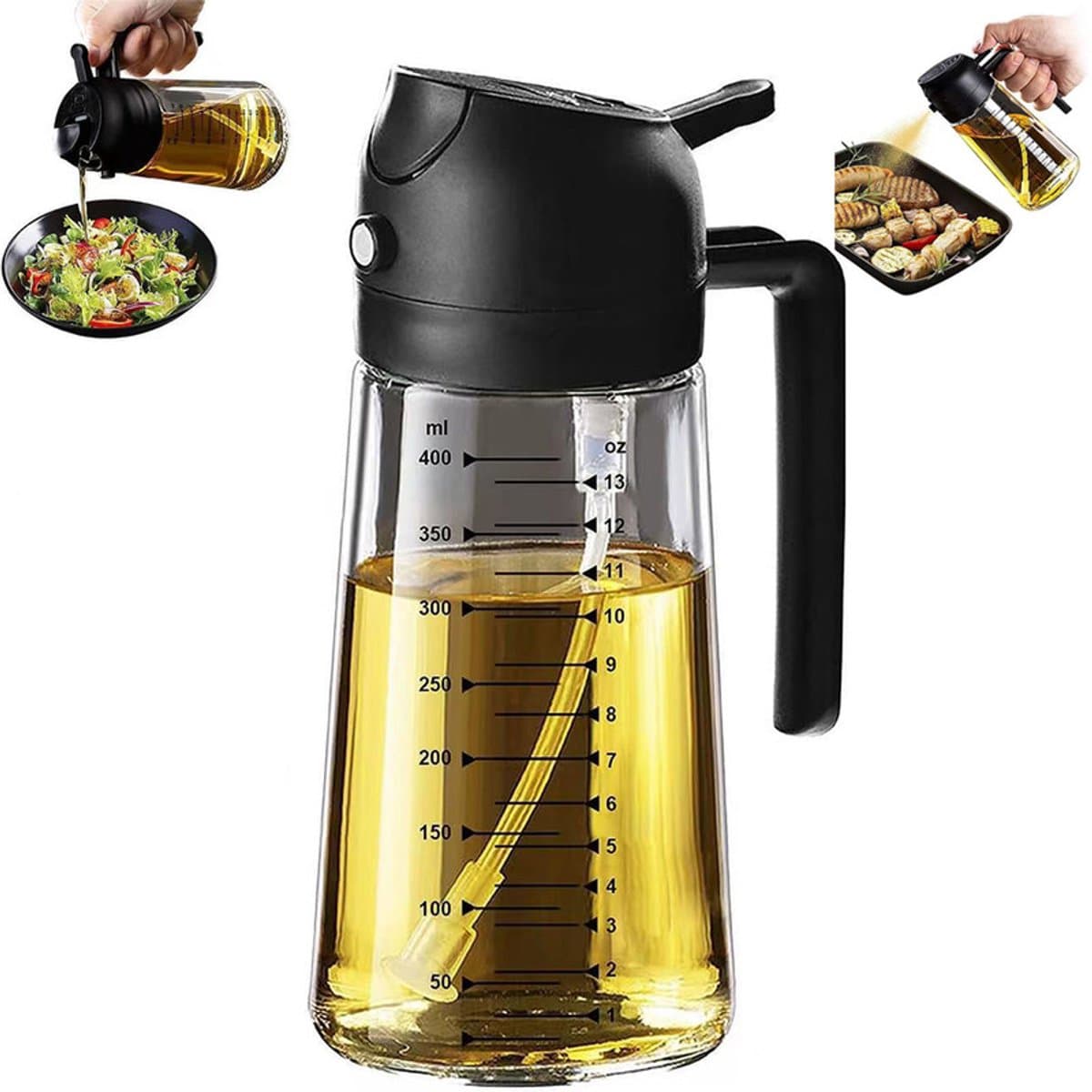 Oliefles - Inclusief Kook Ebook - Olijfolie Fles Verstuiver voor Keuken - Glazen olijfoliespuitfles - Glazen spuitfles - Multifunctioneel voor koken - 470ml - Zwart - Geschikt voor keukengadgets en airfryer-accessoires — afbeelding 1