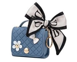 Blauw hoesje voor oordopjes dames met strik en decoratieve details geschikt voor AirPods Pro 3 kunstleer hardcase met ring en lint