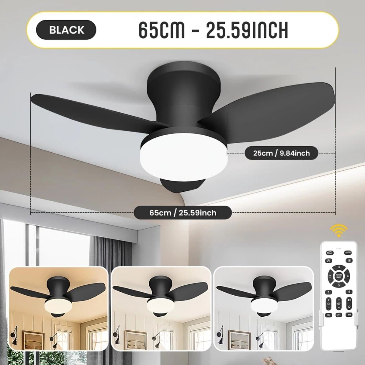 Bovista Plafondventilator - Met Verlichting - Plafond Ventilator - Met Lamp - Plafonniere Met Ventilator - Met Licht - Zwart - 65cm — afbeelding 1