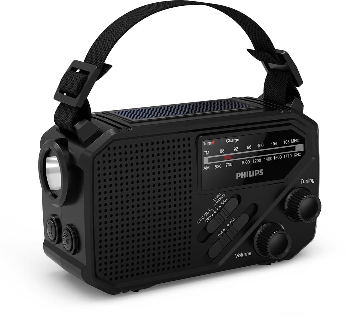 PHILIPS TAR1609 draagbare Noodradio FM/AM-radio met interne oplaadbare batterij, back-up met AAA-batterij en handslinger, zonne-energie, ingebouwde led-lamp en zaklamp als noodradio survival emergency radio voor kamperen, wandelen en stroomuitval — afbeelding 1